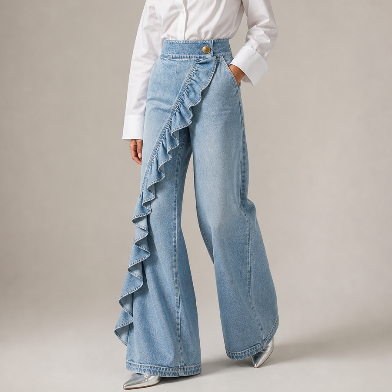 Women's Denim Ruffled Wide-Leg Jeans Autumn High-Waisted Trousers
