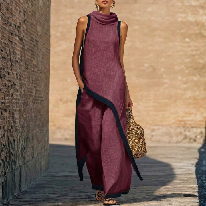Women's Cotton Linen Tunic Set Autumn Asymmetric Top & Wide-Leg Pants