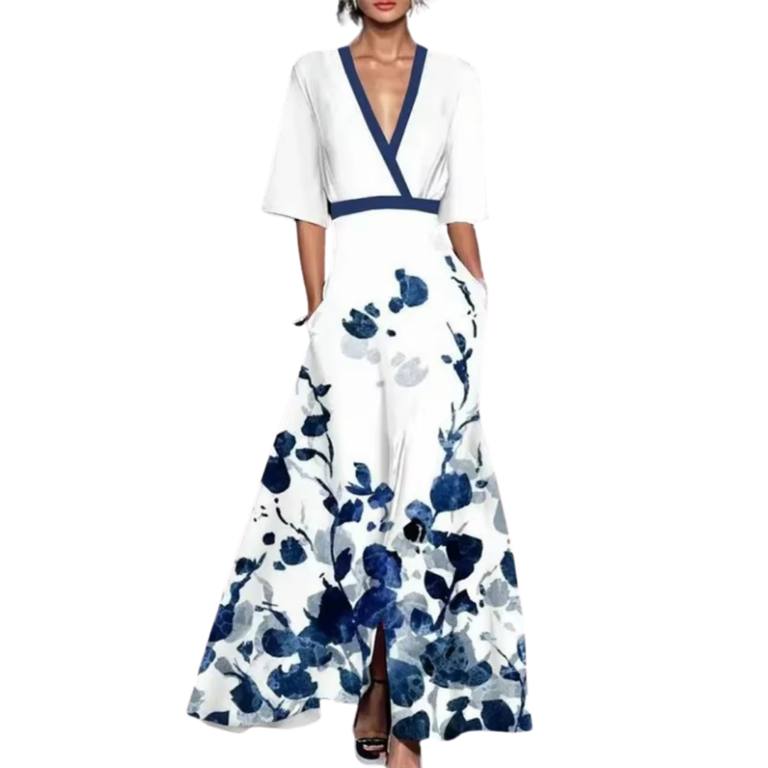 Women's Floral Long Maxi Dress V Neck Polyester Autumn Casual Outfit