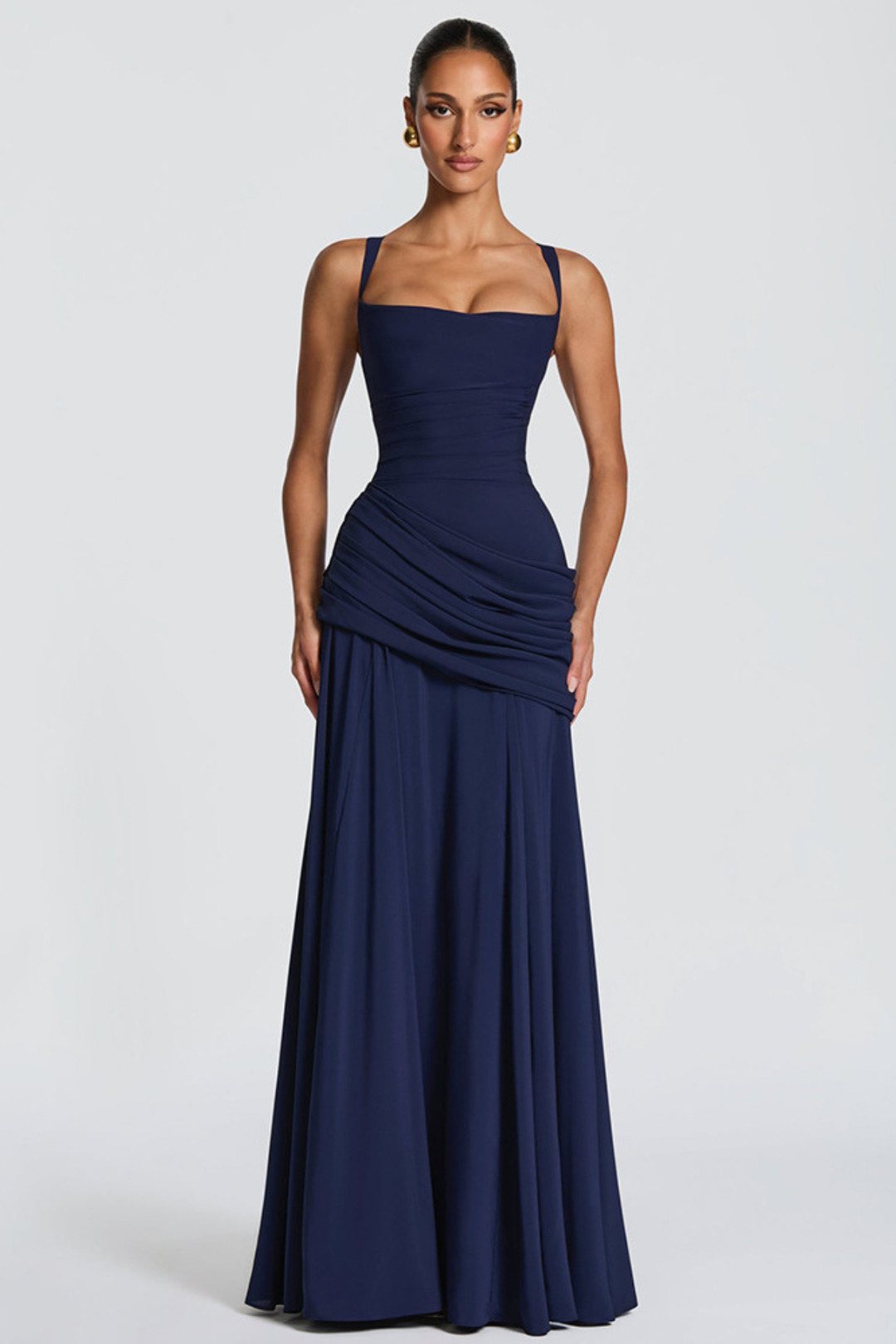 Maxi Dress for Women Fall Evening Dress with Square Neck Draped Waist and Crossed Back