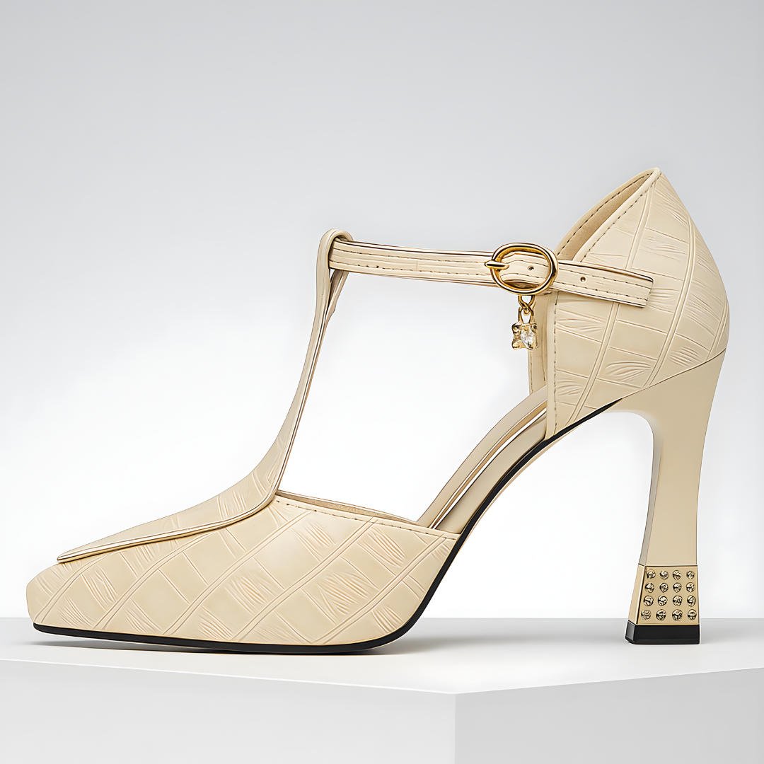 Women's Leather T-Strap Block Heels Autumn Party Shoes