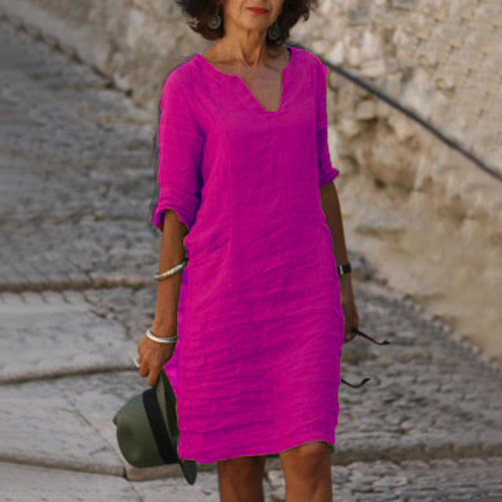 Women's Cotton Casual Midi Dress with V-Neck and 3/4 Sleeves for Autumn