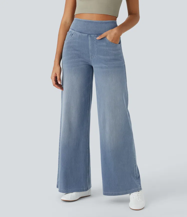 Women's Stretch Denim High-Waisted Wide-Leg Jeans Autumn Casual Jeans