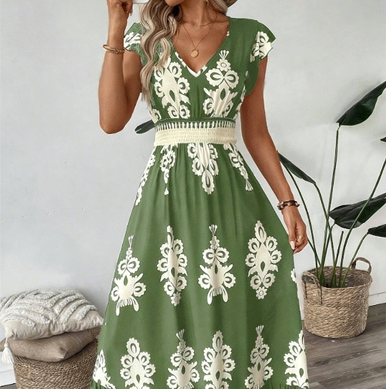 Women's Knit Baroque Print V-Neck Maxi Dress Autumn Casual Dress