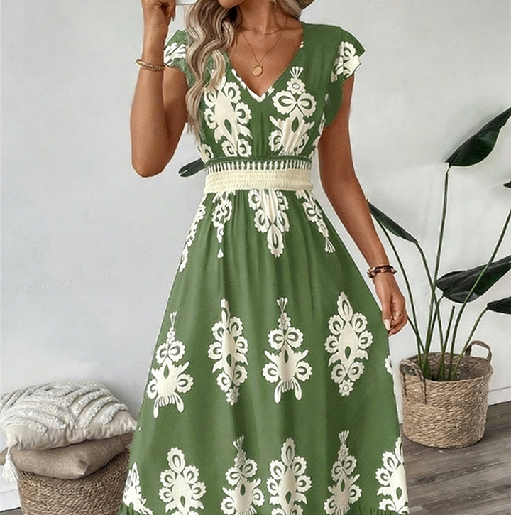 Women's Knit Baroque Print V-Neck Maxi Dress Autumn Casual Dress