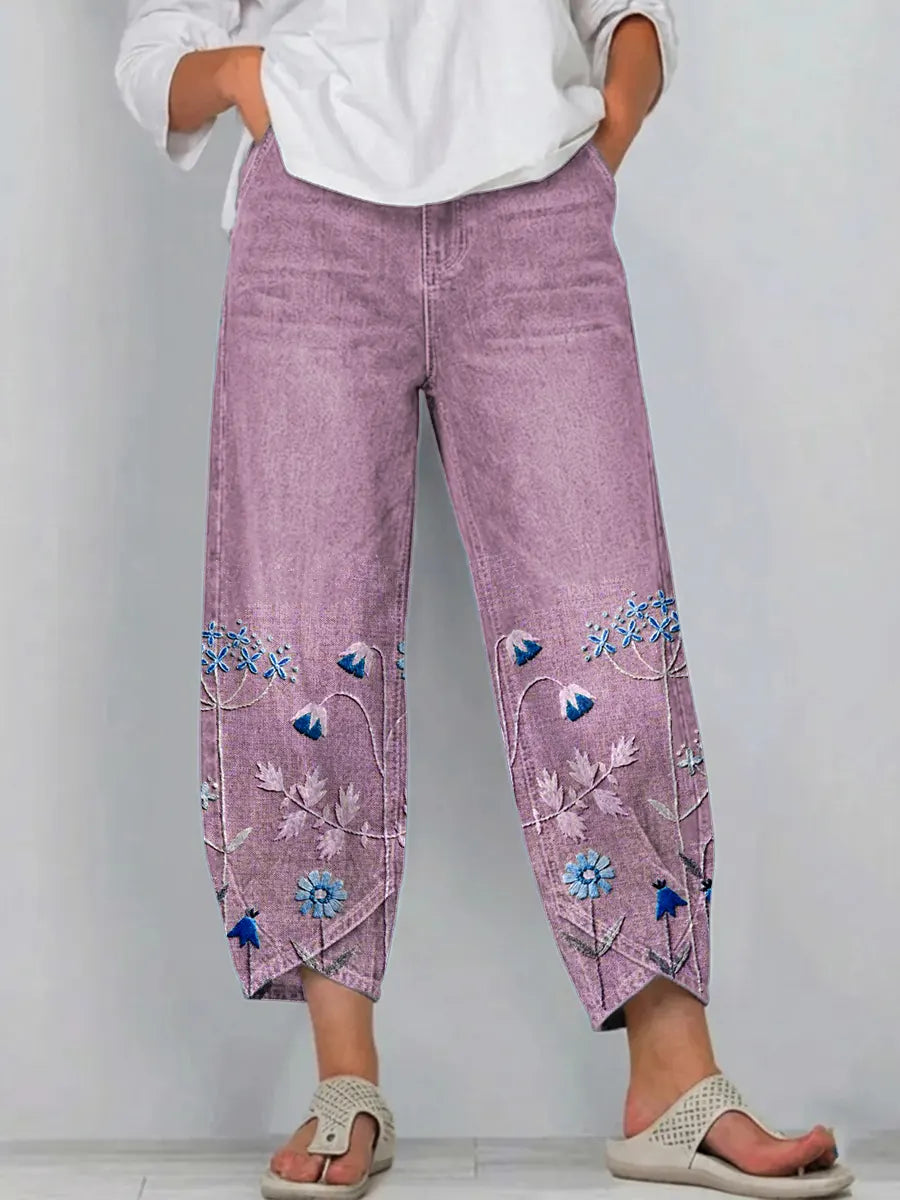 Women's Cotton Denim Pants Autumn Floral Embroidered Straight Jeans