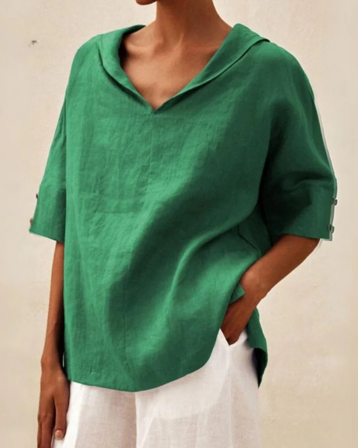 Women's Cotton V-Neck Blouse, Loose Fit Short Sleeve Casual Top for Autumn