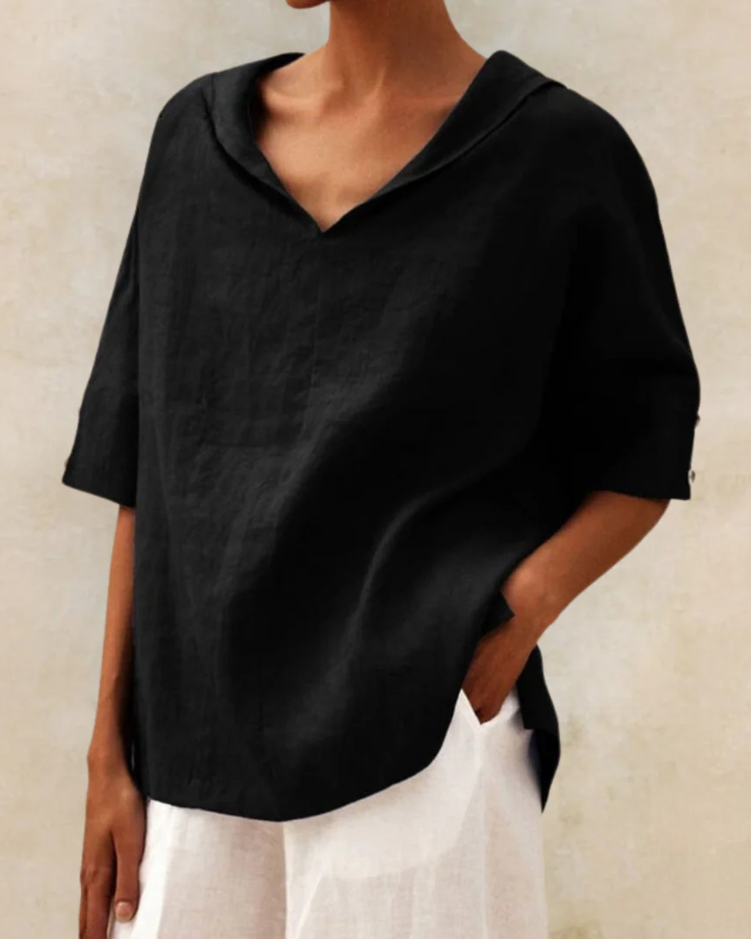 Women's Cotton V-Neck Blouse, Loose Fit Short Sleeve Casual Top for Autumn