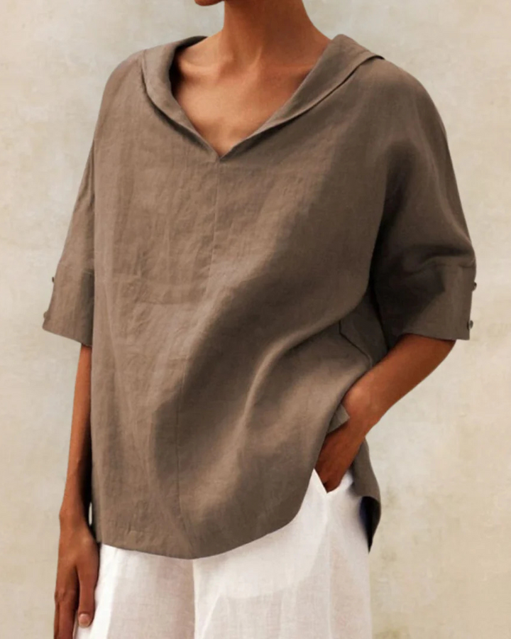 Women's Cotton V-Neck Blouse, Loose Fit Short Sleeve Casual Top for Autumn