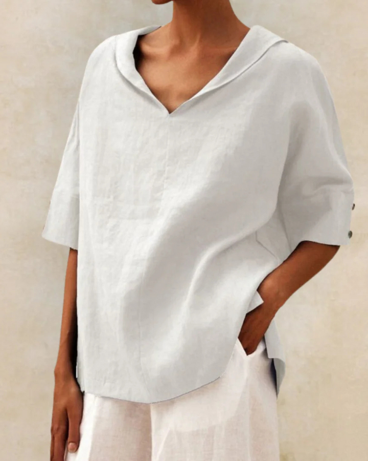 Women's Cotton V-Neck Blouse, Loose Fit Short Sleeve Casual Top for Autumn