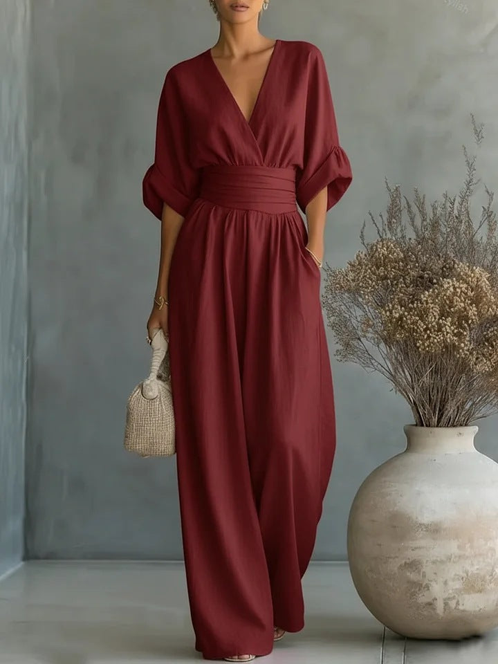 Women's Wide-Leg V-Neck Jumpsuit Autumn Formal Outfit