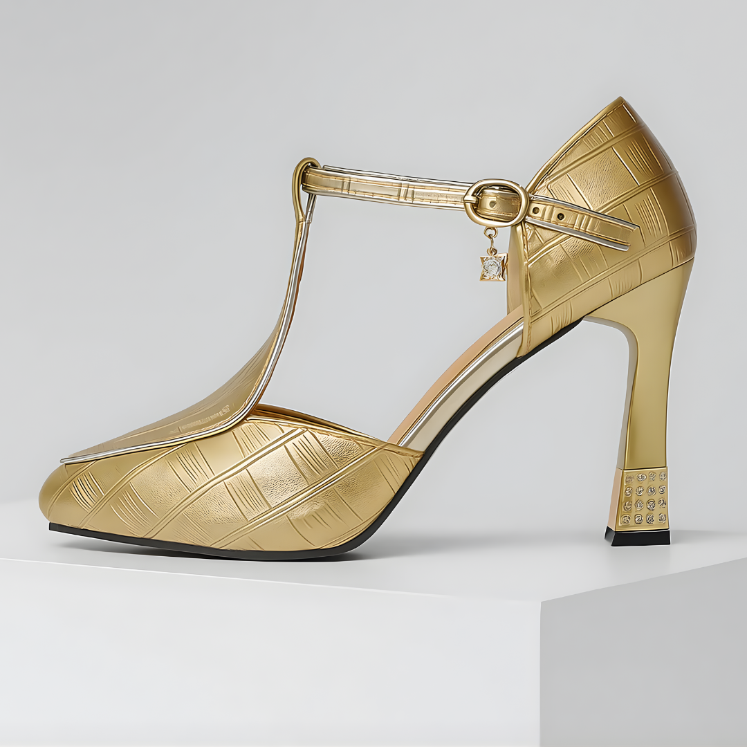 Women's Leather T-Strap Block Heels Autumn Party Shoes