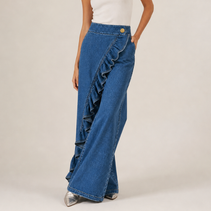 Women's Denim Ruffled Wide-Leg Jeans Autumn High-Waisted Trousers