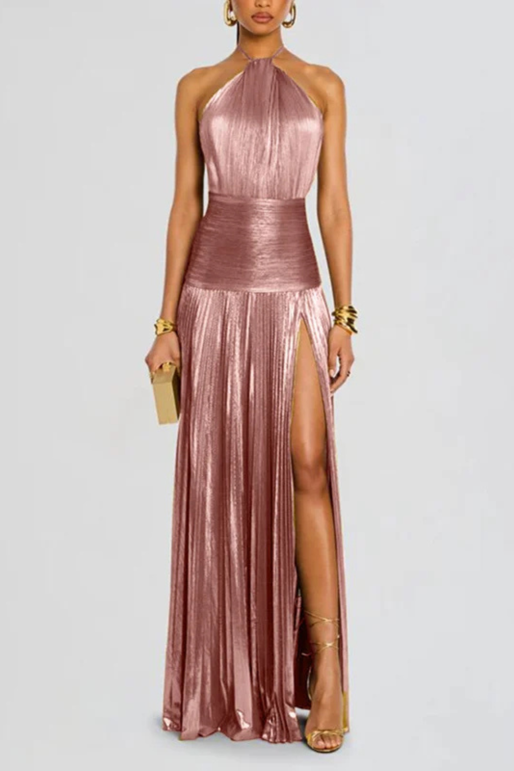 Women's Satin Pleated Maxi Dress with Halter Neck Formal Evening Autumn