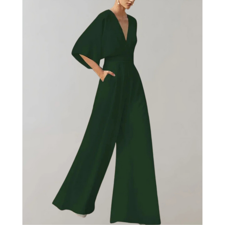 Women's Elegant Wide-Leg Jumpsuit with V-Neck and Loose Sleeves for Autumn