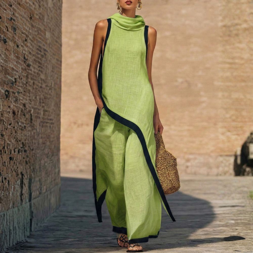 Women's Cotton Linen Tunic Set Autumn Asymmetric Top & Wide-Leg Pants