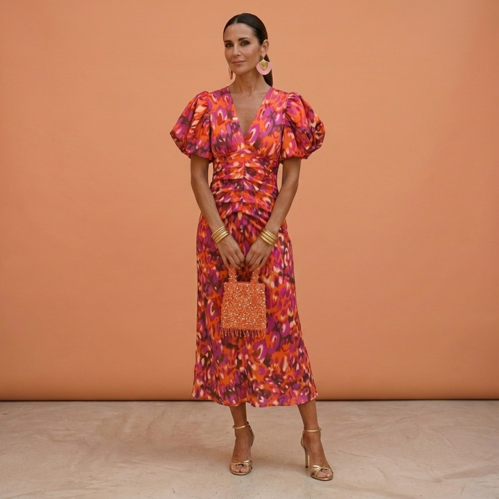 Women's Puff Sleeve V-Neck Midi Casual Dress Autumn Layering Outfit