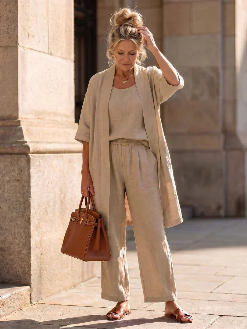 Women's Knit Three-Piece Set Autumn Kimono Top Wide-Leg Pants Set
