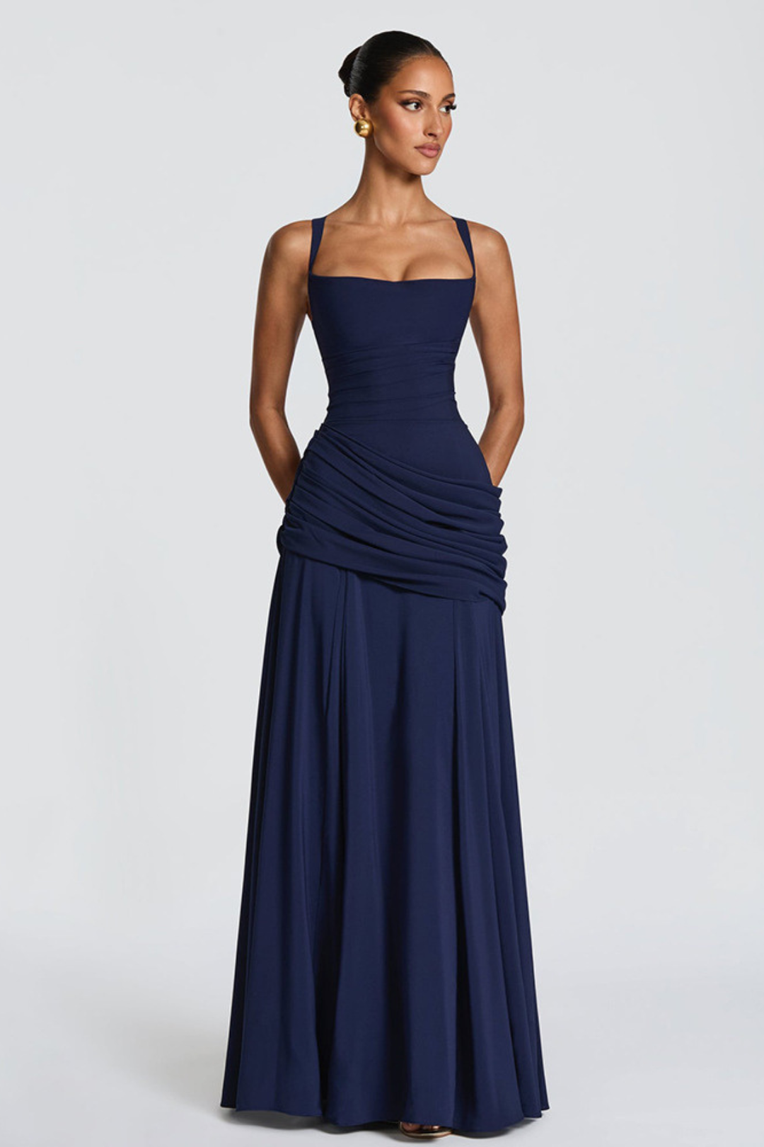 Maxi Dress for Women Fall Evening Dress with Square Neck Draped Waist and Crossed Back