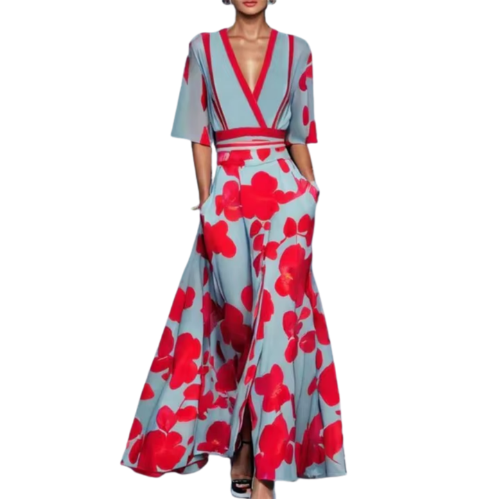 Women's Floral Long Maxi Dress V Neck Polyester Autumn Casual Outfit