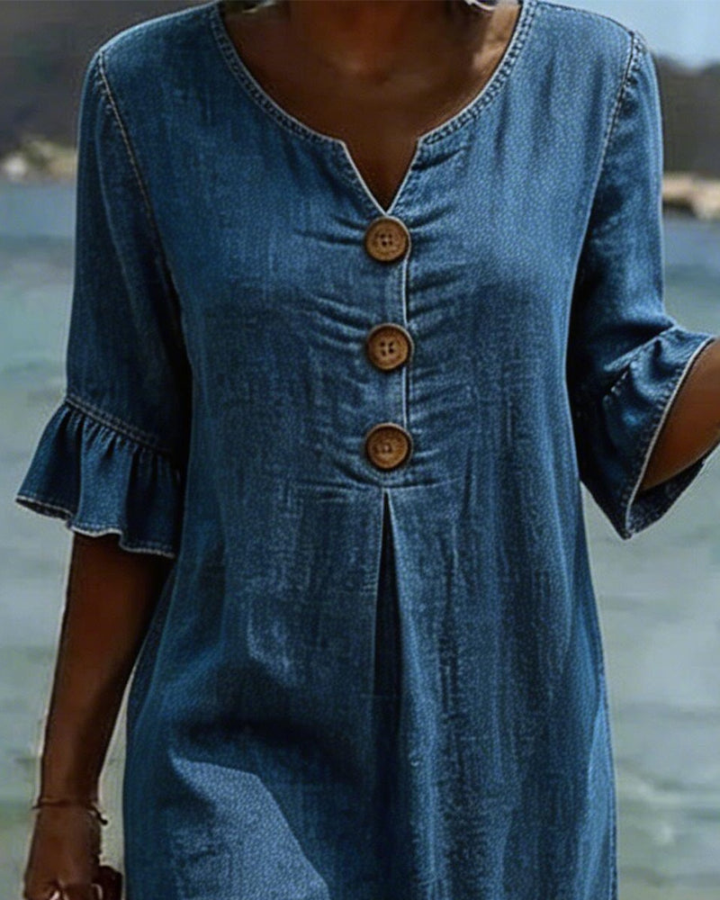 Women's Denim Flared Sleeve Mini Dress Autumn Casual Outfit
