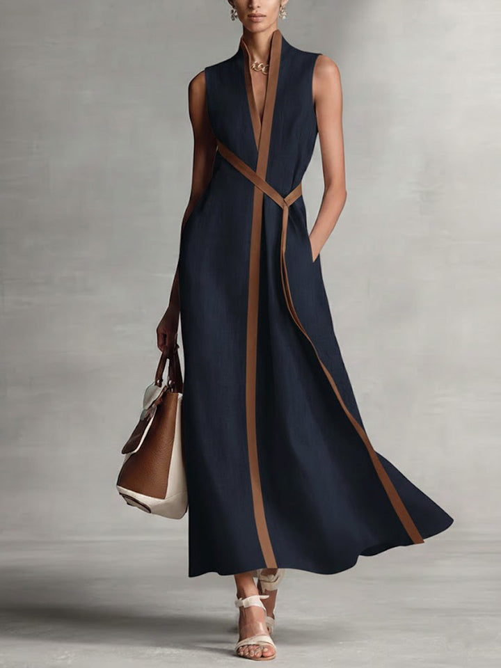 Women's Sleeveless Linen Maxi Dress Wrap Waist Autumn Outfit