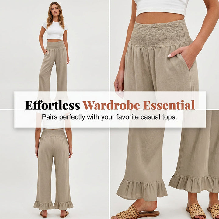 Women's Cotton Linen Wide Leg Pants Spring High Waisted Smocked Ruffle Hem Boho Trousers