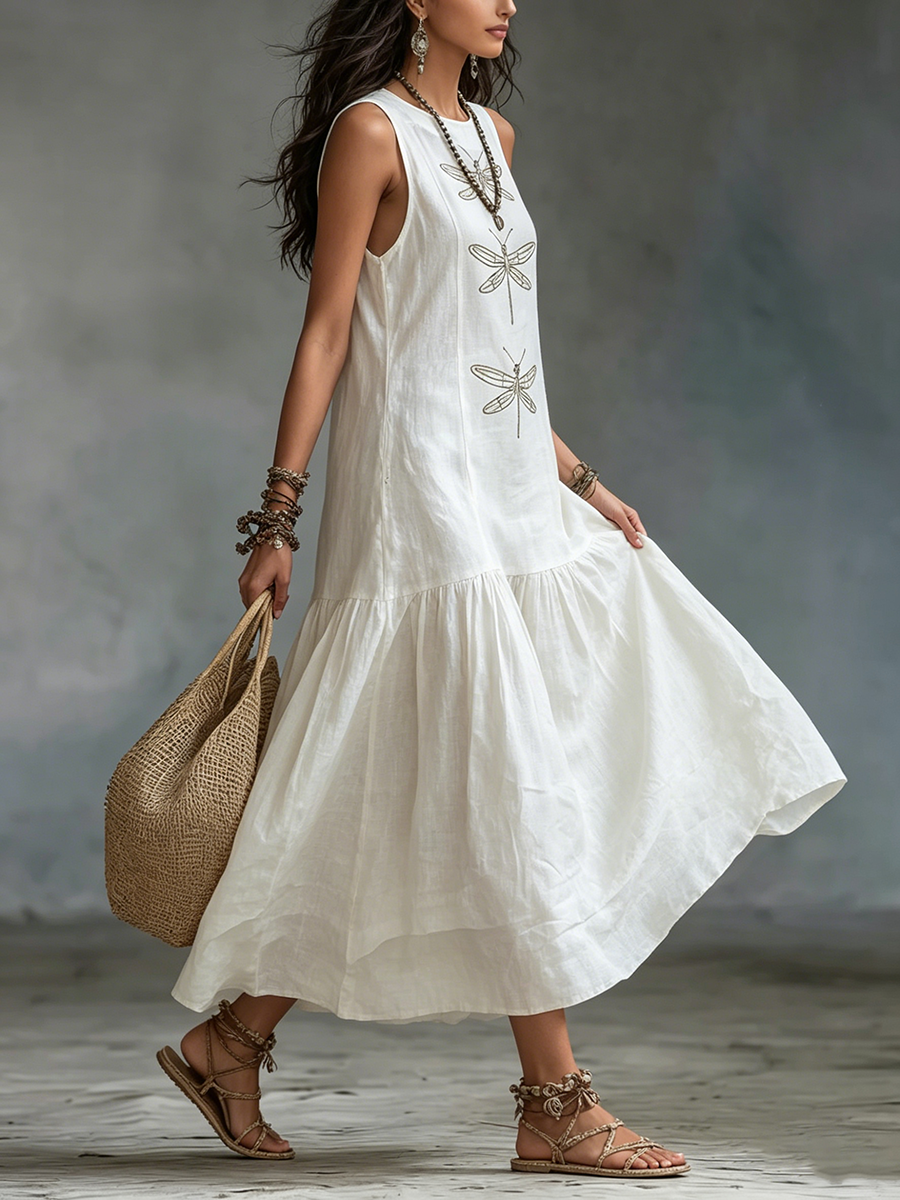 Women's Embroidered Cotton Linen Maxi Dress Autumn Casual Outfit