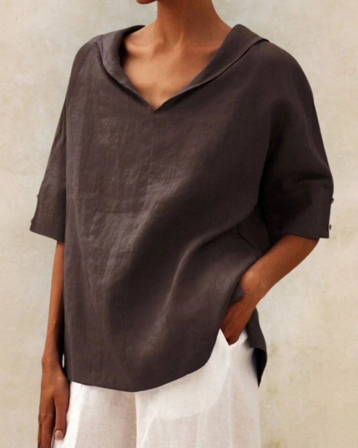 Women's Cotton V-Neck Blouse, Loose Fit Short Sleeve Casual Top for Autumn