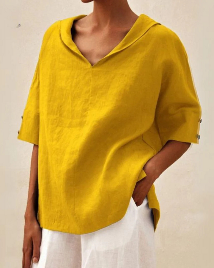 Women's Cotton V-Neck Blouse, Loose Fit Short Sleeve Casual Top for Autumn