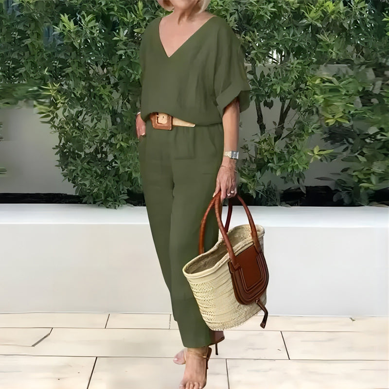 Women's Two Piece Set Spring Linen Look V-Neck Top and Straight Leg Pants Casual Outfit