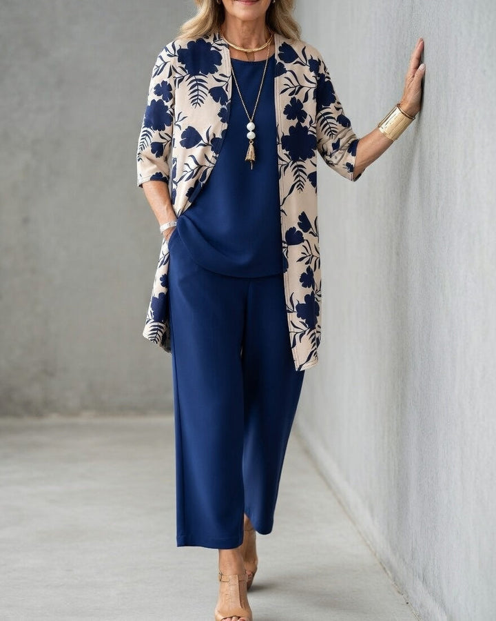Women's 3-Piece Pants Set Polyester Floral Jacket Autumn Outfit