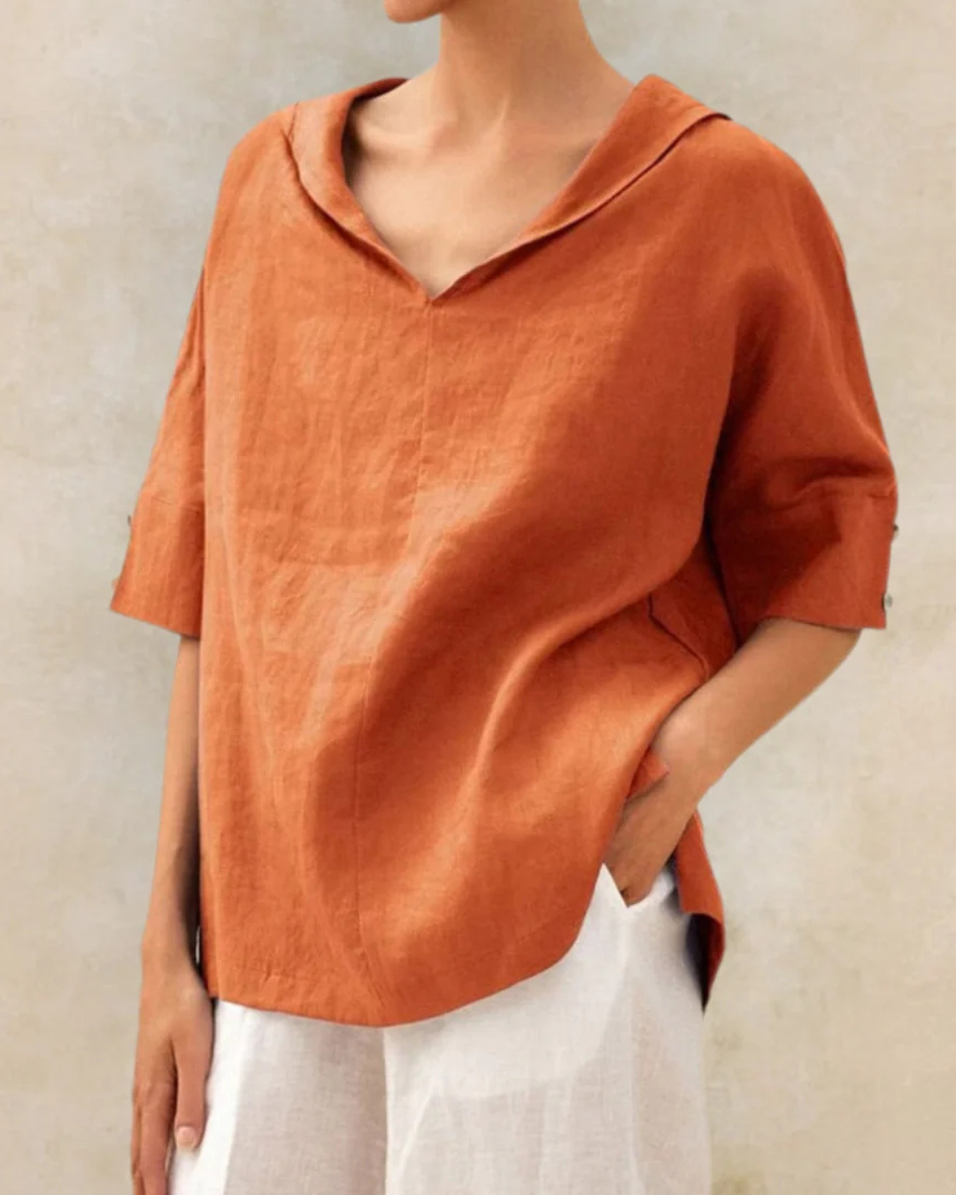 Women's Cotton V-Neck Blouse, Loose Fit Short Sleeve Casual Top for Autumn