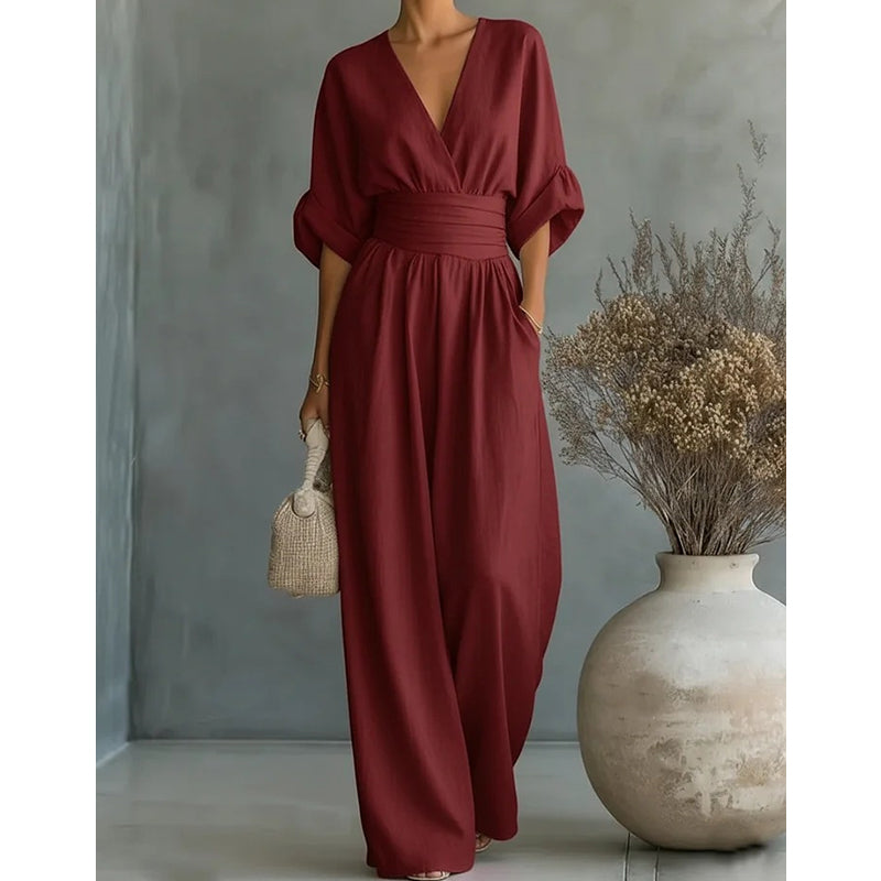 Women's Wide-Leg V-Neck Jumpsuit Autumn Formal Outfit