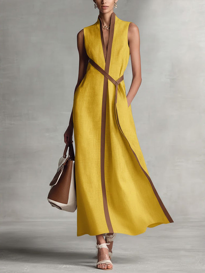Women's Sleeveless Linen Maxi Dress Wrap Waist Autumn Outfit