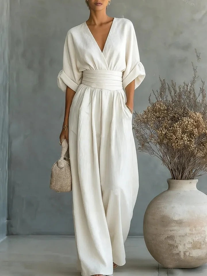 Women's Wide-Leg V-Neck Jumpsuit Autumn Formal Outfit
