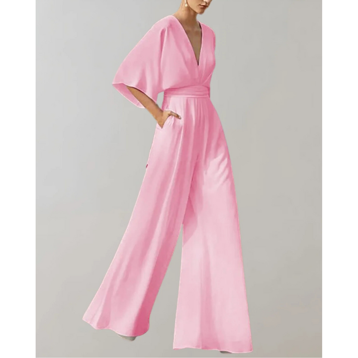 Women's Elegant Wide-Leg Jumpsuit with V-Neck and Loose Sleeves for Autumn