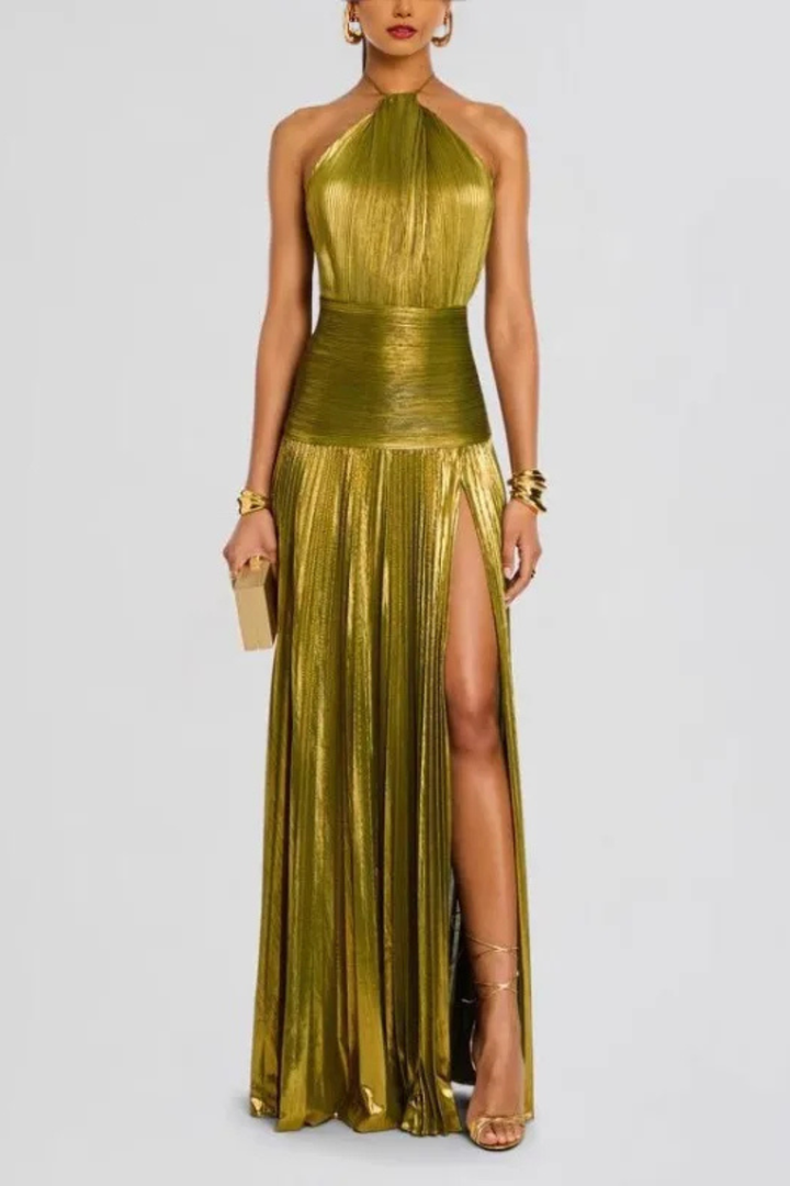 Women's Satin Pleated Maxi Dress with Halter Neck Formal Evening Autumn