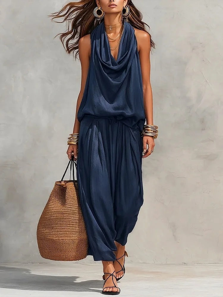 Women's Draped Top and Wide-Leg Pants Two-Piece Set Autumn Outfit