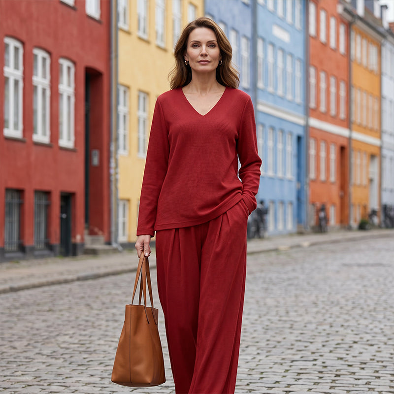 Women's V-Neck Two-Piece Set Autumn Wide-Leg Trousers Set