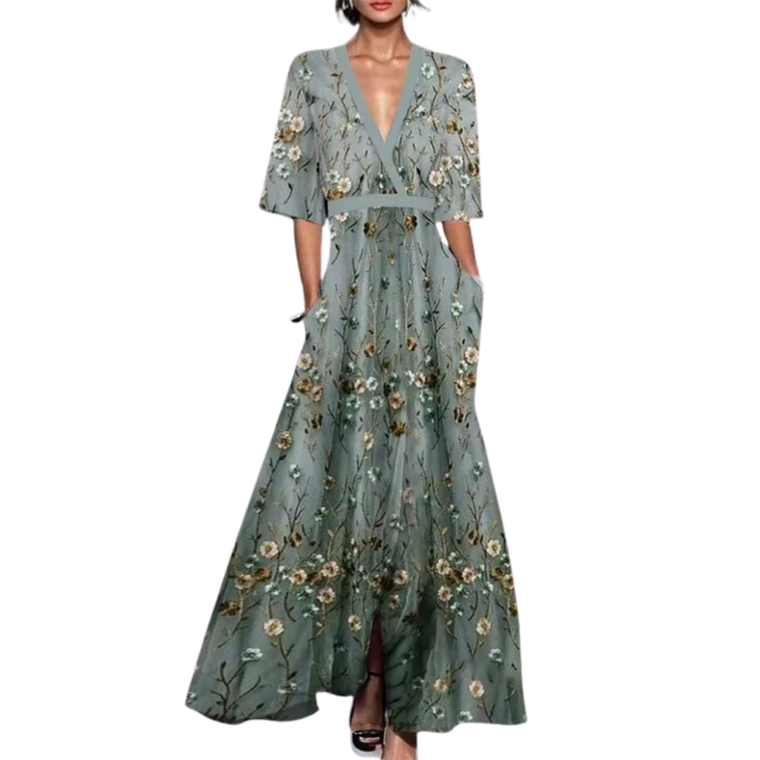 Women's Floral Long Maxi Dress V Neck Polyester Autumn Casual Outfit