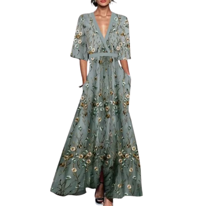 Women's Floral Long Maxi Dress V Neck Polyester Autumn Casual Outfit