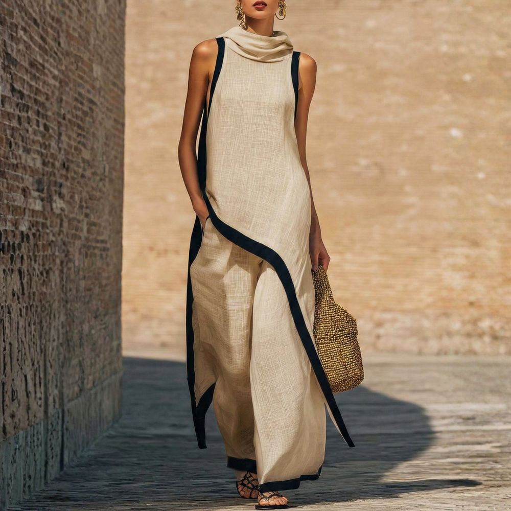 Women's Cotton Linen Tunic Set Autumn Asymmetric Top & Wide-Leg Pants