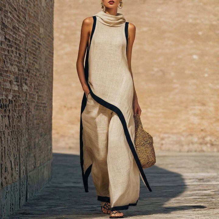Women's Cotton Linen Tunic Set Autumn Asymmetric Top & Wide-Leg Pants