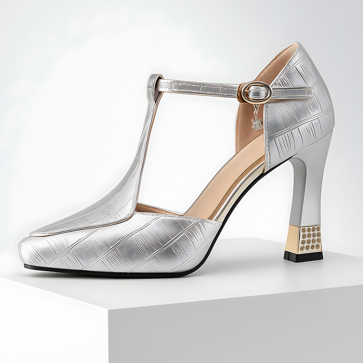 Women's Leather T-Strap Block Heels Autumn Party Shoes