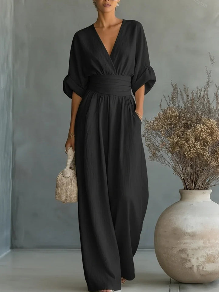 Women's Wide-Leg V-Neck Jumpsuit Autumn Formal Outfit