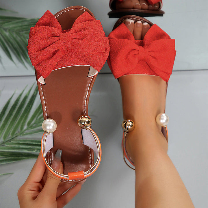 Women's Leather Flat Sandals Autumn Pearl Bow Slingback Sandals