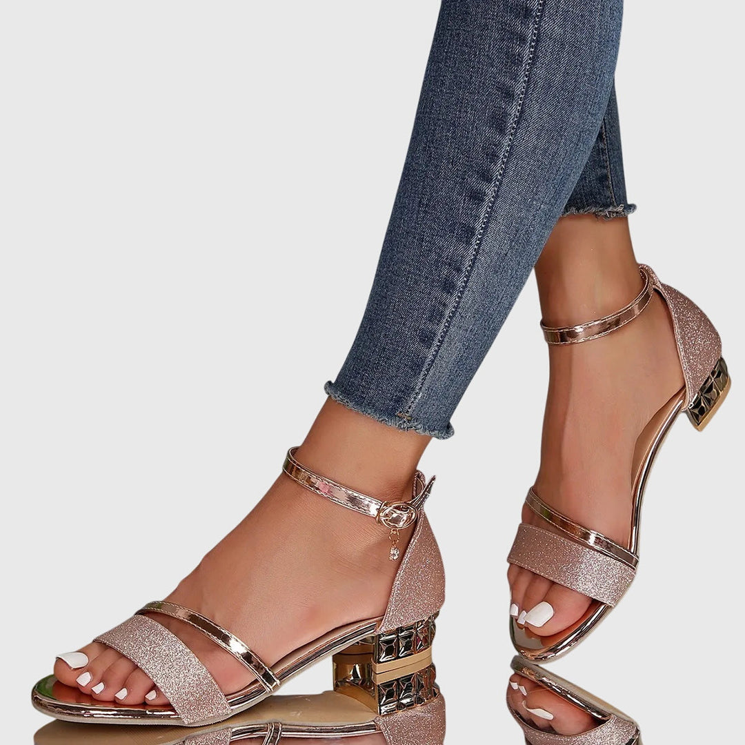 Women's Low Block Heel Sandals Spring Ankle Strap Open Toe Glitter Dress Sandals for Summer