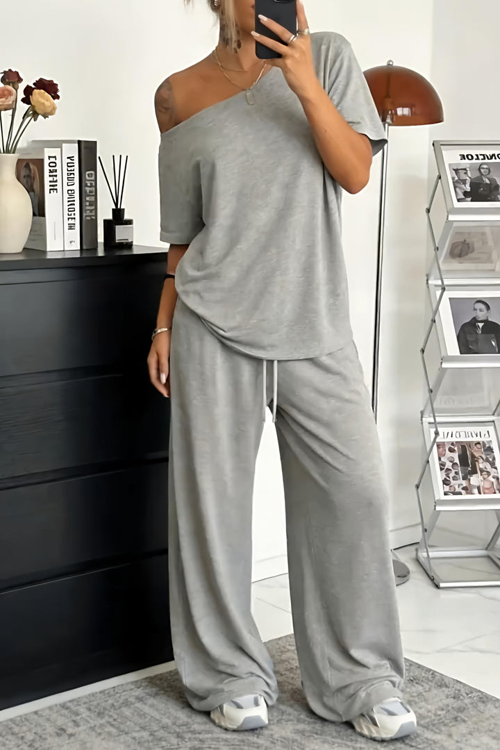 Women's Two Piece Lounge Set Spring Off Shoulder Top and Wide Leg Pants Casual Outfit Set