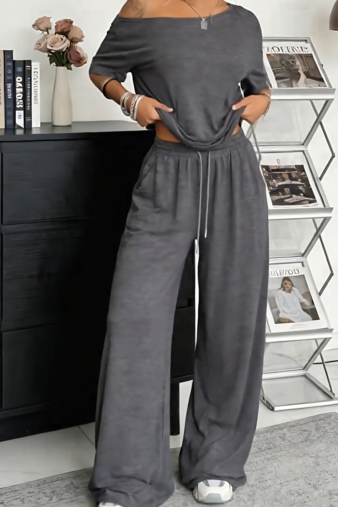 Women's Two Piece Lounge Set Spring Off Shoulder Top and Wide Leg Pants Casual Outfit Set